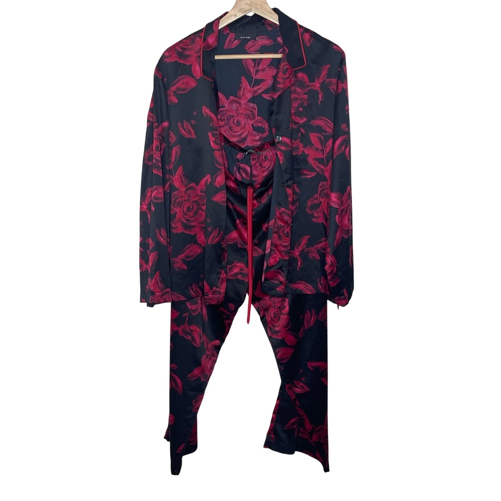 Natori Black Red Rose Floral Print  Pajama Set Long Sleeve Pants L